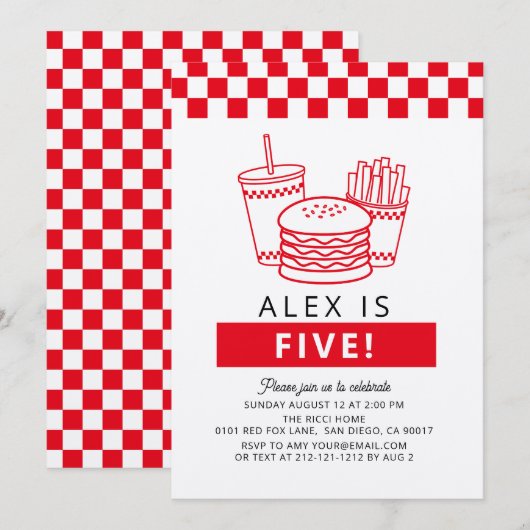 Invitation Red Checker Hamburger Boy Birthday (Devant / Derrière)