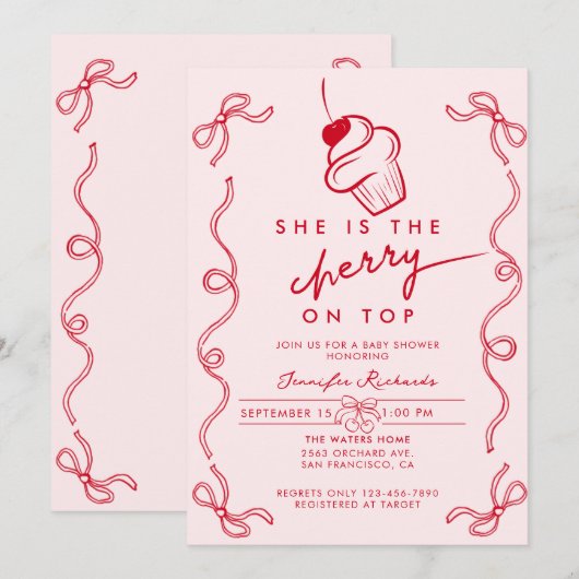 Invitation Red Cherry Cupcake Baby shower fille rose (Devant / Derrière)