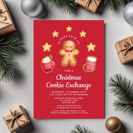 Invitation Red Christmas Cookie Exchange Cute Gingerbread Hom