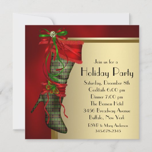 Invitation Red Christmas Stocking Red Gold Christmas Party (Devant)