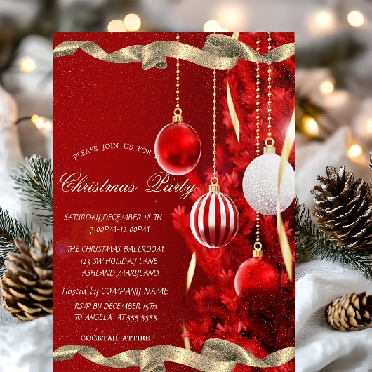 Invitation Red Christmas Tree Balls Corporate Christmas Party