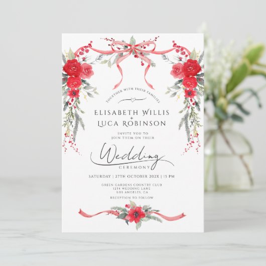 Invitation Red Christmas Winter Bow Coquette Ribbon Mariage (Debout devant)