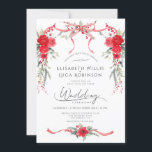 Invitation Red Christmas Winter Bow Coquette Ribbon Mariage<br><div class="desc">Coquette de Noël Rouge Faire-part de mariage à ruban. Cette élégante faire-part de mariage florale d'hiver couleur aquarelle moderne présente des fleurs d'hiver peintes à la main et de la verdure en rouge et vert et rouge ruban et arête cadre avec script de calligraphie moderne. Coquette botanique d'hiver moderne faire-part...</div>