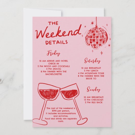 Invitation Red Cocktail Bachelorette Week-end Itinéraire Part (Dos)
