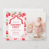 Invitation Red Coquette Bow Cherry First Birthday Party Photo (Devant)