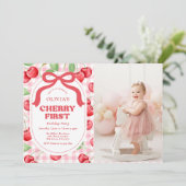 Invitation Red Coquette Bow Cherry First Birthday Party Photo (Debout devant)