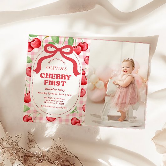 Invitation Red Coquette Bow Cherry First Birthday Party Photo