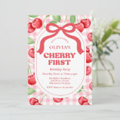 Invitation Red Coquette Bow Cherry Première fête d'anniversai (Debout devant)