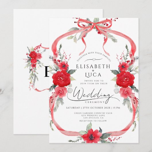 Invitation Red Coquette Noël Bow Monogram Mariage (Devant / Derrière)