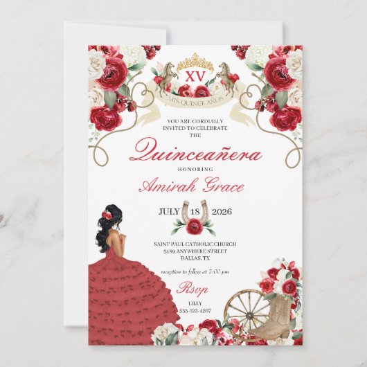 Invitation Red Cowgirl Princess Western Quinceañera (Devant)