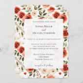 Invitation Red Cream Hearts and Flowers Wedding (Devant / Derrière)