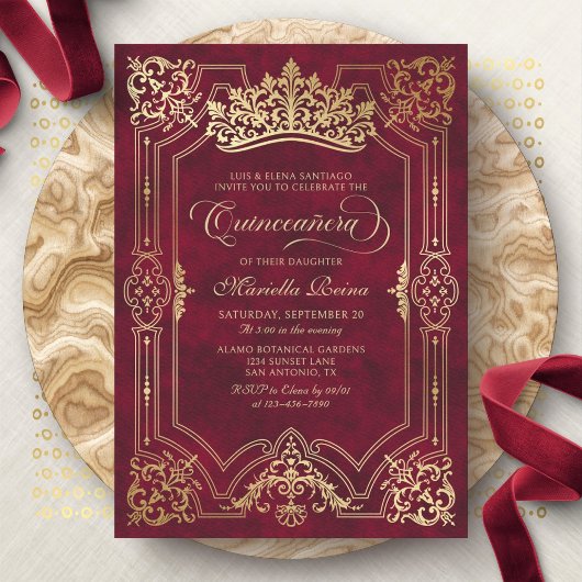 Invitation Red Crown Tiara Elegant Quinceanera