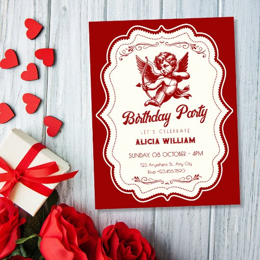 Invitation Red cupid angel birthday
