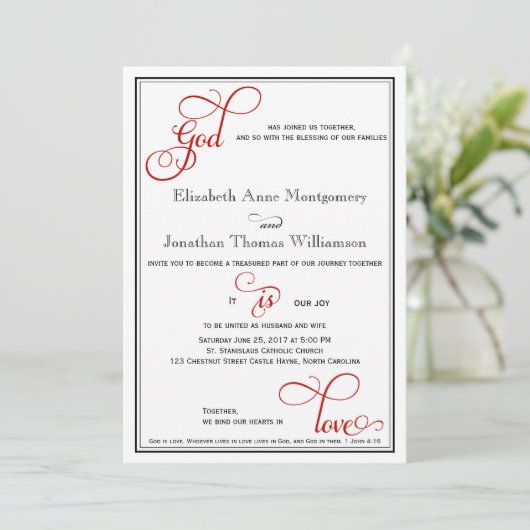 Invitation Red Curly Script Dieu est Amour Mariage chrétien (Debout devant)