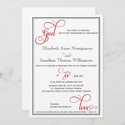Invitation Red Curly Script Dieu est Amour Mariage chrétien (Devant / Derrière)