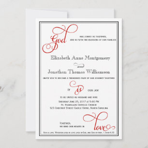 Invitation Red Curly Script Dieu est Amour Mariage chrétien