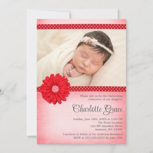 Invitation Red Daisy Sparkle Photo Baptême Christening (Devant)