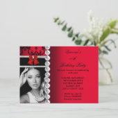 Invitation Red Damask Black Jewel Bow Photo Anniversaire (Debout devant)