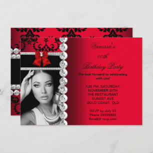 Invitation Red Damask Black Jewel Bow Photo Anniversaire