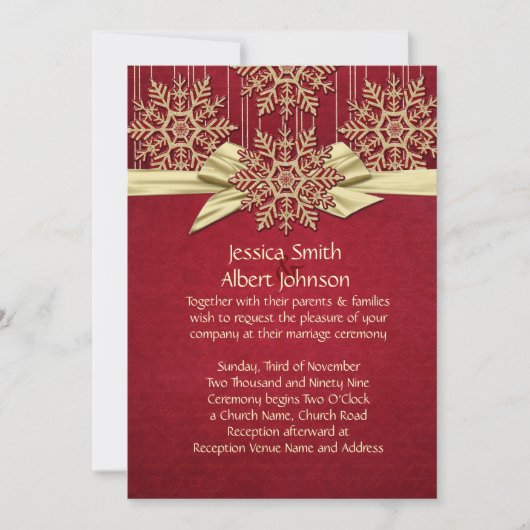 Invitation Red Damask Snowflakes Gold Ribbon Wedding Inviter (Devant)