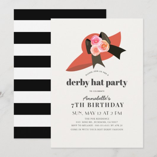 Invitation Red Derby Casquette Rose Fille Anniversaire Invita (Devant / Derrière)