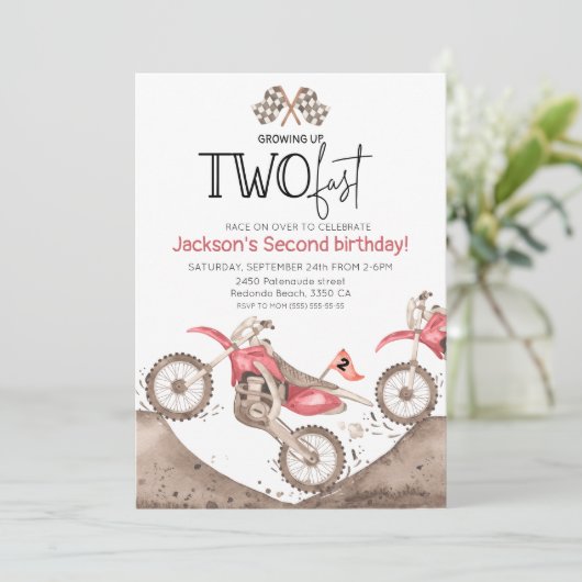 Invitation Red Dirt Bike 2nd birthday - Growing up two fast (Debout devant)