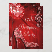 Invitation Red Disco Ball and Sparkle Heels 17e anniversaire (Devant / Derrière)