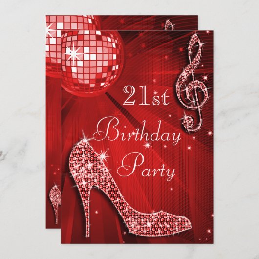 Invitation Red Disco Ball and Sparkle Heels 21e anniversaire (Devant / Derrière)