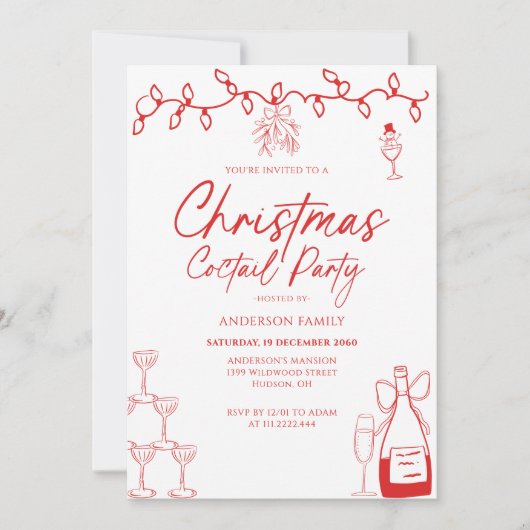 Invitation Red Doodle Christmas Coctail Party (Devant)
