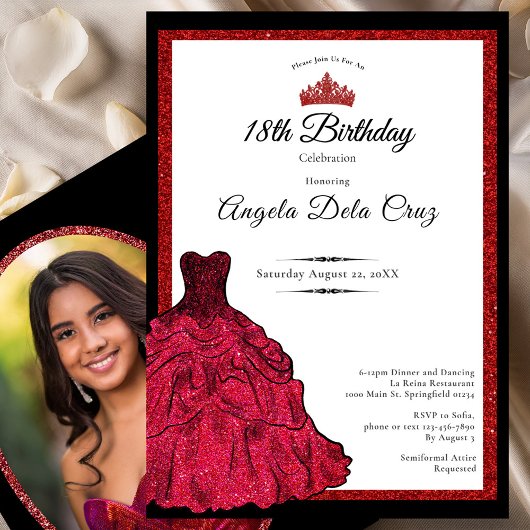 Invitation Red Dress and Tiara 18th Birthday Debut