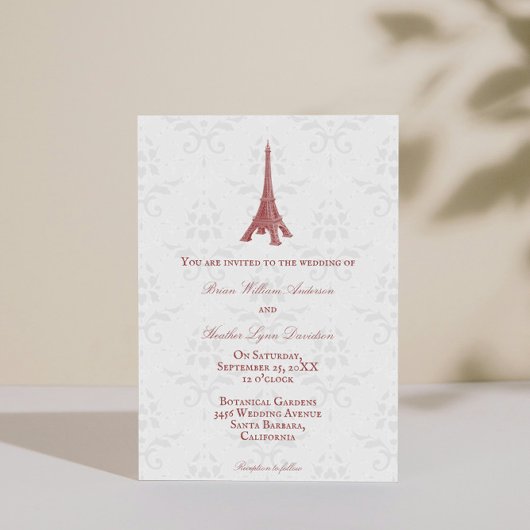Invitation Red Eiffel Tower Mariage damassé