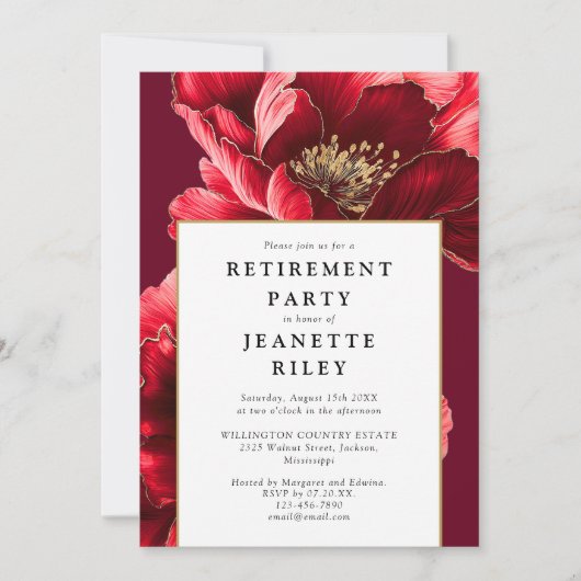 Invitation Red Elegant Chic Floral Retraite Party (Devant)