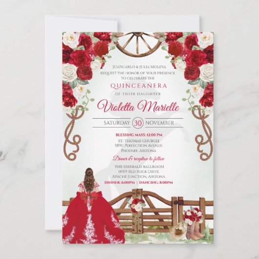 Invitation Red Elegant Rustic Western Charro Quinceanera V4 (Devant)