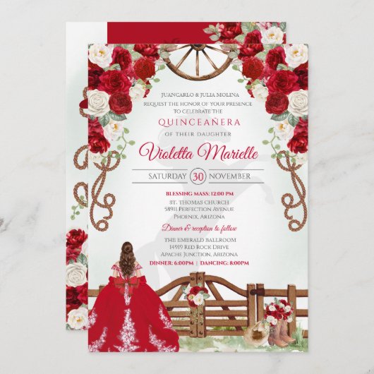 Invitation Red Elegant Rustic Western Charro Quinceanera V4 (Devant / Derrière)