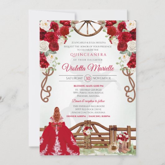 Invitation Red Elegant Rustic Western Charro Quinceanera V8 (Devant)
