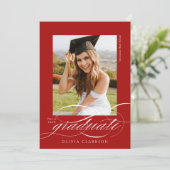 Invitation Red Elegant Script QR Code Photo Graduation Party (Debout devant)