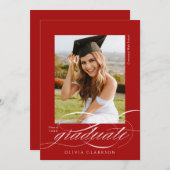 Invitation Red Elegant Script QR Code Photo Graduation Party (Devant / Derrière)