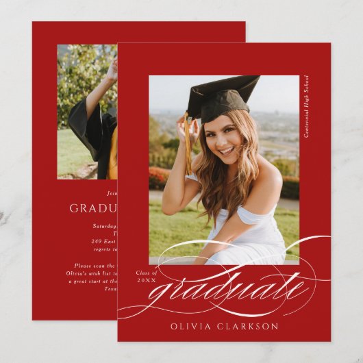 Invitation Red Elegant Script QR Code Photo Graduation Party (Devant / Derrière)