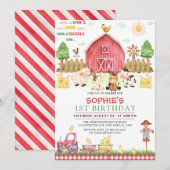 Invitation Red En vichy Farm Animaux Barnyard Anniversaire (Devant / Derrière)