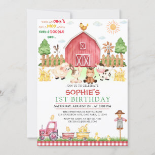 Invitation Red En vichy Farm Animaux Barnyard Anniversaire