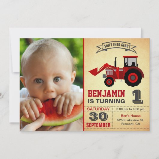 Invitation Red Farm Tractor Photo 1er fête d'anniversaire (Devant)
