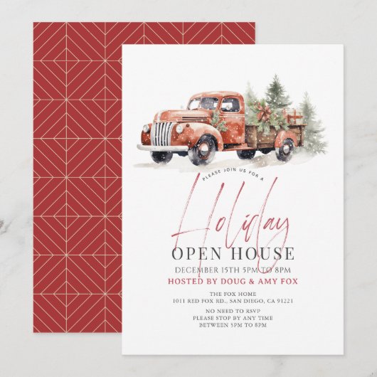 Invitation Red Farm Truck Noël Holiday Open House (Devant / Derrière)