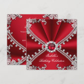 Invitation Red Faux Diamond Jewel Floral Anniversaire (Devant / Derrière)