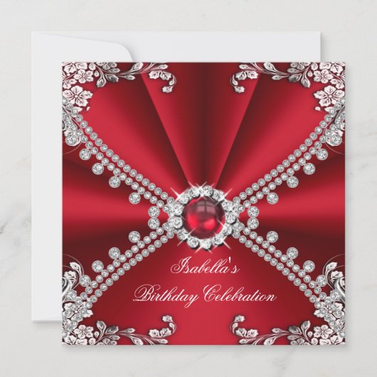 Invitation Red Faux Diamond Jewel Floral Anniversaire (Devant)