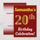 Invitation Red, Faux Gold 20th Birthday Celebration + Nom (Devant / Derrière)