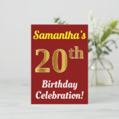 Invitation Red, Faux Gold 20th Birthday Celebration + Nom (Debout devant)