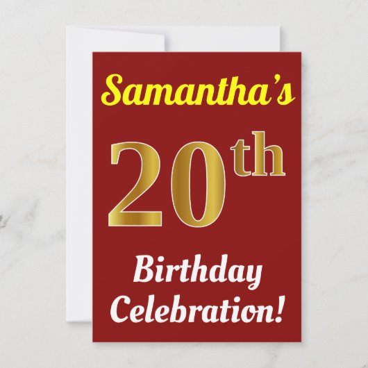 Invitation Red, Faux Gold 20th Birthday Celebration + Nom (Devant)