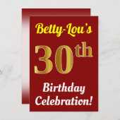 Invitation Red, Faux Gold 30th Birthday Celebration + Nom (Devant / Derrière)