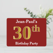 Invitation Red, Faux Gold 30th Birthday Party + Nom personnal (Debout devant)