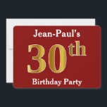 Invitation Red, Faux Gold 30th Birthday Party   Nom personnal<br><div class="desc">Cette conception d'invitation comporte le numéro ordinal "30ème" avec un aspect faux or. Il comporte également un nom personnalisé et un arrière - plan rouge. Les détails de l'événement sur le dos peuvent être customisés. Il pourrait être utilisé pour les invitations à la fête du trentième anniversaire de quelqu’un. [~Z0000012]...</div>